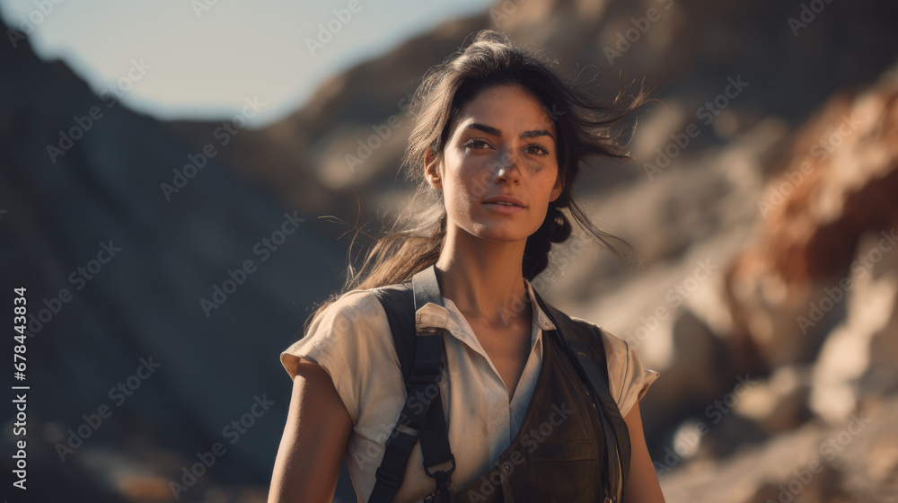 Portrait of a female geologist in the field, standing among rocks and geological formations and engaging with the camera