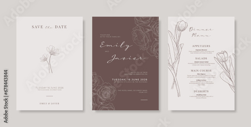 Simple and elegant wedding card template. engraved flower wedding invitation template