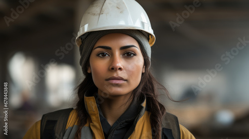Architect Concept: A female architect at a construction site, looking determined