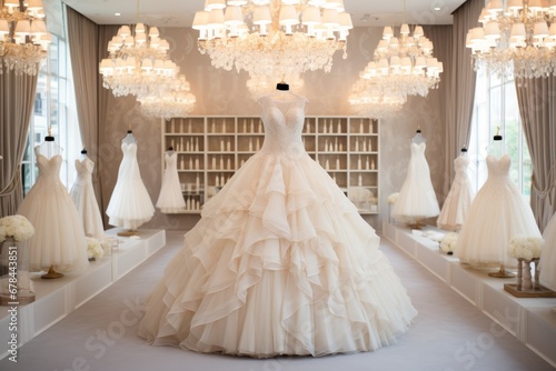 Elegant white wedding dresses hanging on hangers in luxury bridal shop boutique salon photo