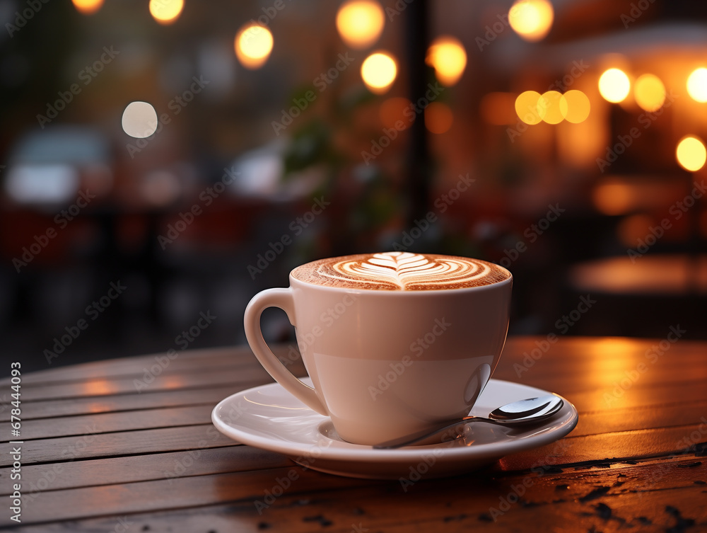 Warm cup of coffe on autumn background. Beautiful restaurant background. Generated by AI Warm cup of coffe on autumn background. Beautiful restaurant background. Generated by AI