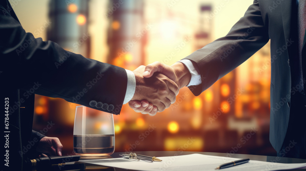 A residential oil businessman and a satisfied customer share a handshake, signifying the success of their oil contract. - obrazy, fototapety, plakaty 