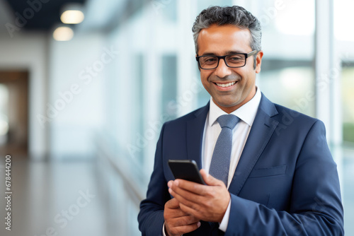 Close-up of a contented, mature businessman, Latin or Indian, with a smartphone in his office, highlighting digital technology use for business solutions.