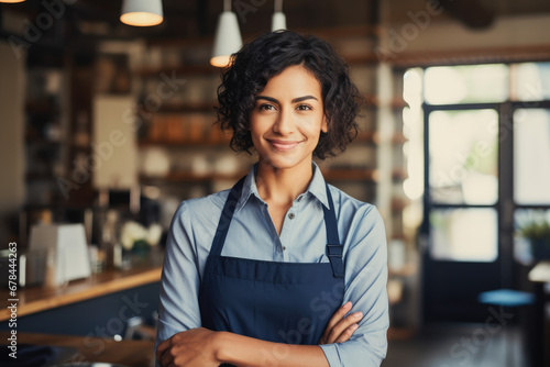 Business Concept: Female entrepreneur standing in her cafe, smiling pensively photo