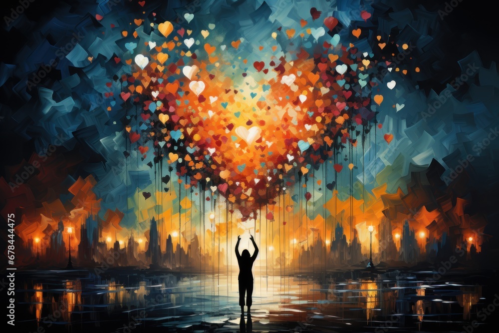 Crowd of people, hands in the air, colorful hearts, Charity background with hands, AI generative