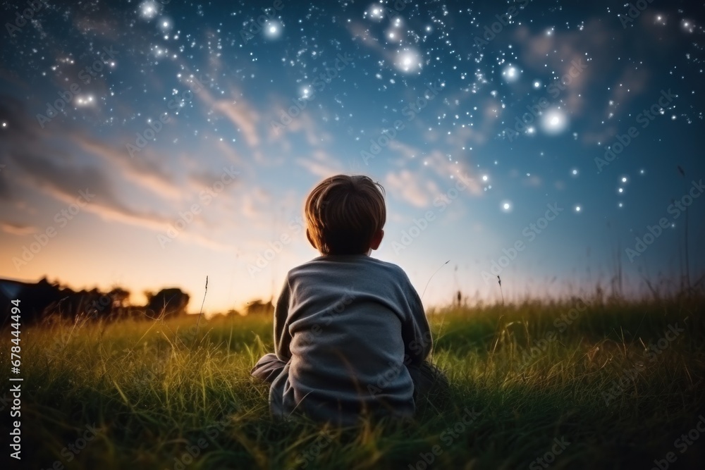 A happy kid is sitting on the grass watching the sky full of stars, AI Generative A happy kid is sitting on the grass watching the sky full of stars, AI Generative