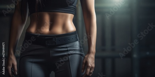 a woman standing in a gym and showing off her toned abs, generative AI photo