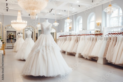 Luxury bridal dresses on hangers, showcasing elegant white wedding gowns in a boutique salon
