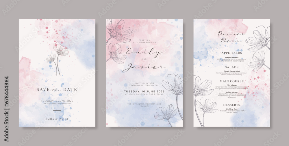 Simple and elegant wedding card template. Beautiful watercolor wedding invitation template Simple and elegant wedding card template. Beautiful watercolor wedding invitation template
