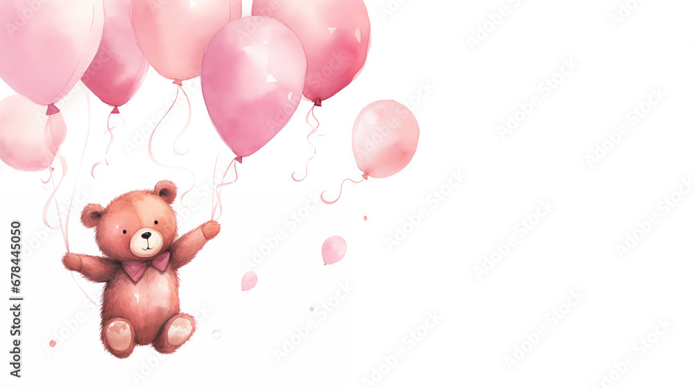 watercolour pink teddybear with balloons watercolour pink teddybear with balloons