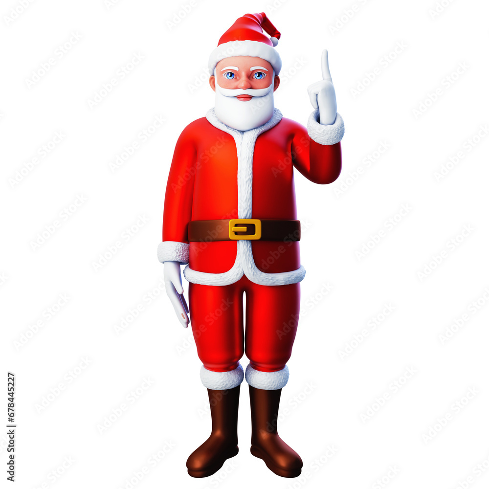 3D character of santa claus pointing towards the top side using right hand, Merry Christmas and Happy New Year, 3d illustration and rendering 3D character of santa claus pointing towards the top side using right hand, Merry Christmas and Happy New Year, 3d illustration and rendering