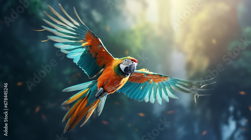 flying parrot over jungle photo