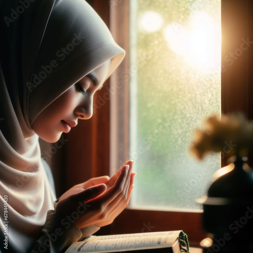 Muslim woman performs prayers inside the home with light streaming through beautiful windows