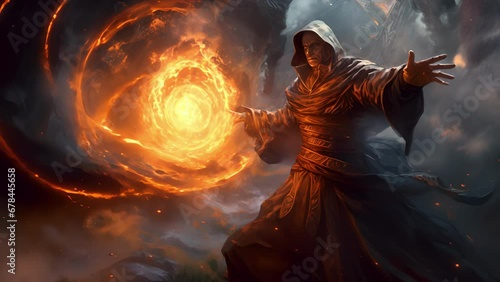 A powerful sorcerer swirls a vortex of flames around their hands before adding a pinch of magical dust and tering it through the air infusing the fire with arcane power. photo