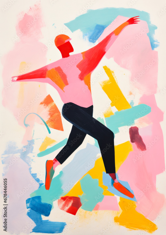 Gouache painting of a man / boy dancing and expressing himself through movement - fashion hiphop illustration, in pastel colours, hand painted
