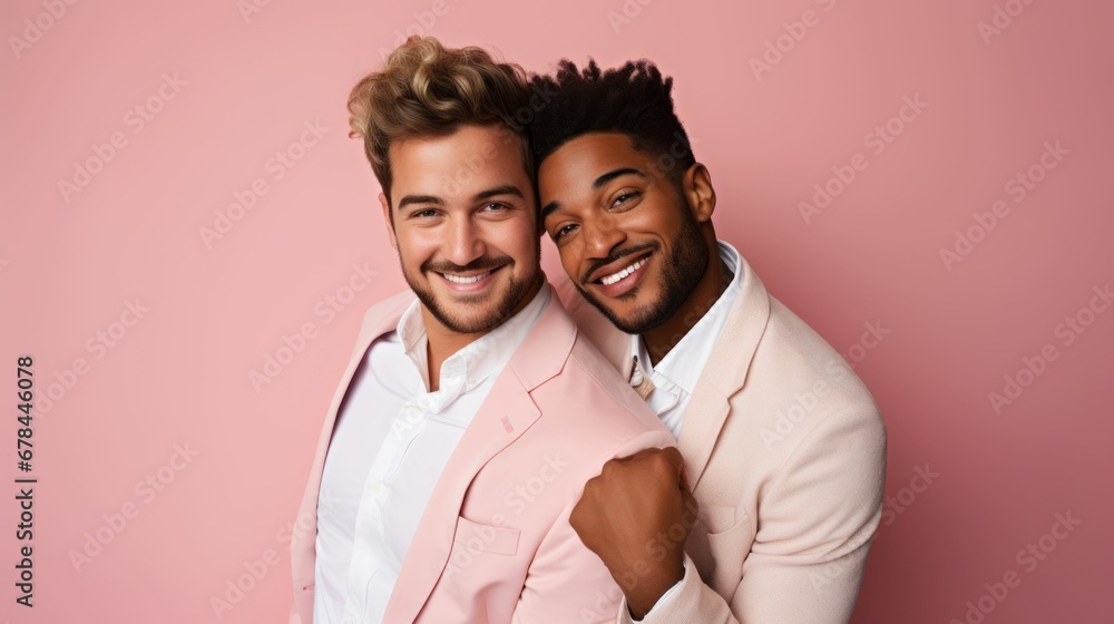 Obraz premium Two handsome men in pink shirts share a tender moment leaning against each other.