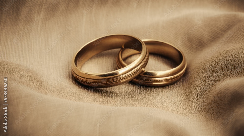 Two golden wedding rings resting on a neatly made bed, symbolizing love and commitment. Two golden wedding rings resting on a neatly made bed, symbolizing love and commitment.