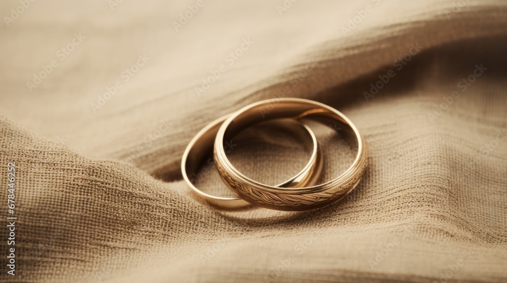 Two golden wedding rings resting on a neatly made bed, symbolizing love and commitment. Two golden wedding rings resting on a neatly made bed, symbolizing love and commitment.