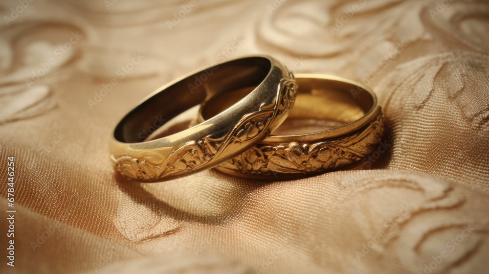 Two golden wedding rings resting on a neatly made bed, symbolizing love and commitment. Two golden wedding rings resting on a neatly made bed, symbolizing love and commitment.