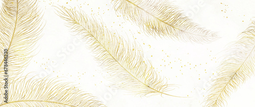 White art background with golden feathers in line art style.
