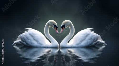 A romantic scene of two swans creating a heart shape in the tranquil water.