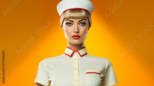 Close up portrait of a beautiful blonde girl in a retro style, vintage nurse uniform from 60s or 70s. Minimal concept of health care history. Warm colors background with copy space, studio shot