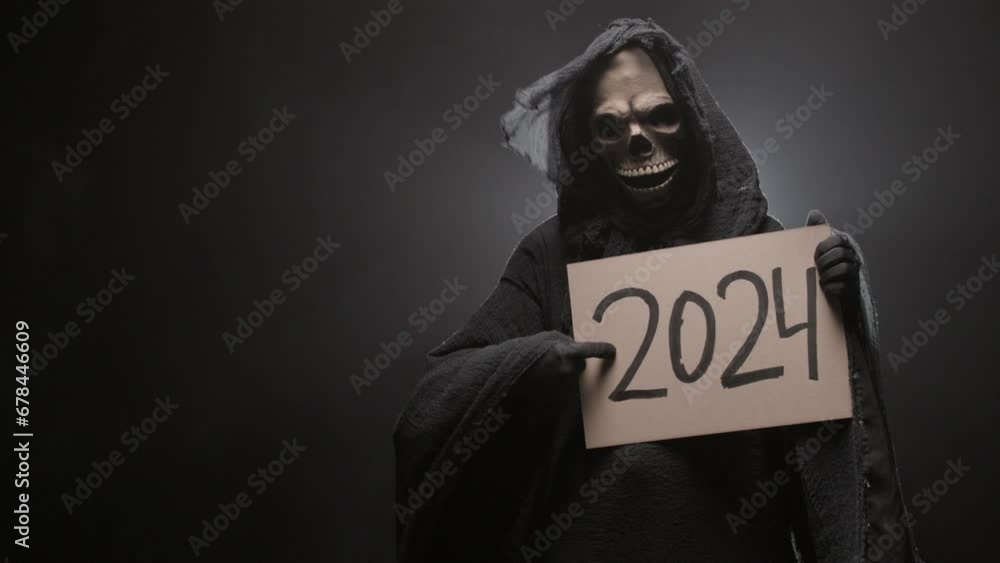 Grim reaper holding a 2024 sign in his hands and dancing, on a black