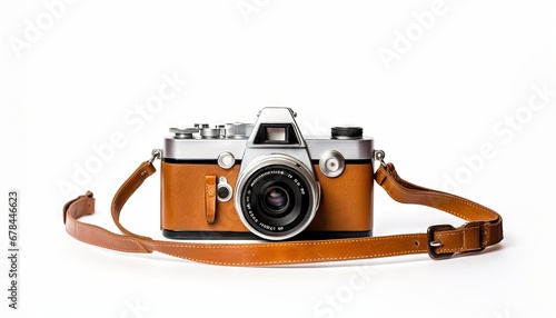 Vintage camera with a strap on a plain white background without shadows