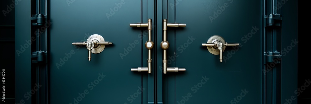 Front view of closed door on old security safe box, bank vault door for background or wallpaper. Front view of closed door on old security safe box, bank vault door for background or wallpaper.