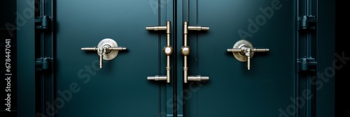 Front view of closed door on old security safe box, bank vault door for background or wallpaper.