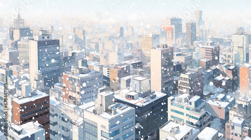 雪が降り積もる都市のアニメ風イラスト風景