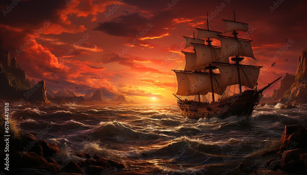 Sailing ship sails on sunset waves, adventure in nature generated by AI