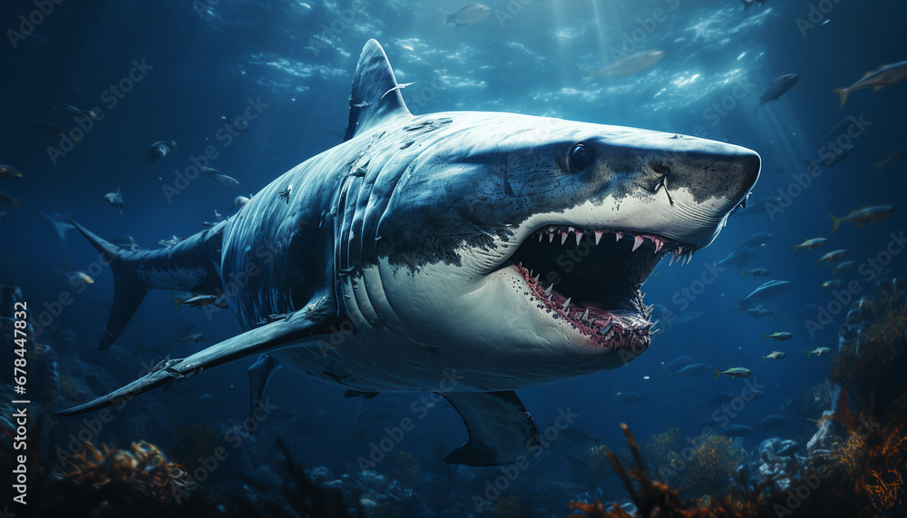 Naklejka premium Majestic fish swimming in deep, dark, dangerous underwater adventure generated by AI