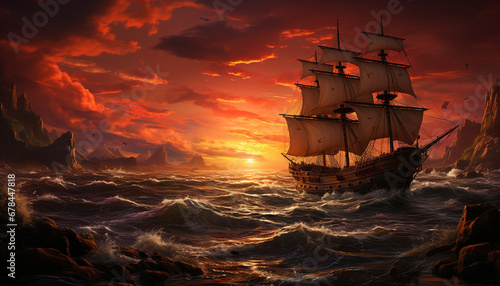 Sailing ship sails on sunset waves, adventure in nature generated by AI © Stockgiu