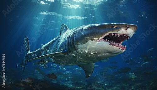 Majestic fish swimming underwater, sharp teeth, danger in nature generated by AI © Stockgiu