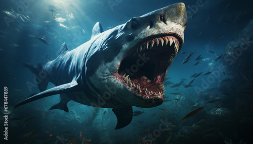 Majestic dinosaur fish in underwater horror  teeth scream danger generated by AI