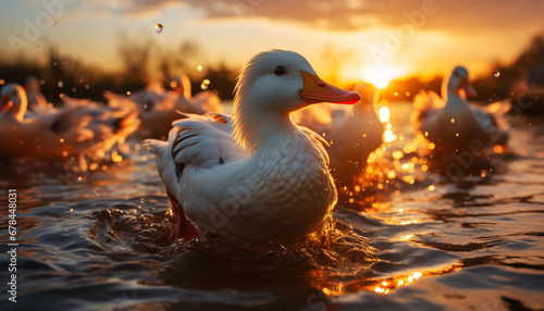 Cute duckling looks at reflection in the water at sunset generated by AI
