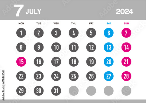 月曜日始まりの2024年7月のカレンダー