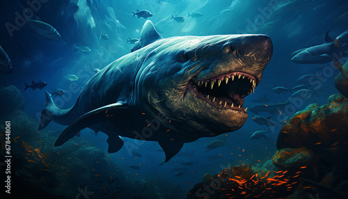Majestic underwater dragon, sharp teeth, swimming in dark blue generated by AI © Stockgiu