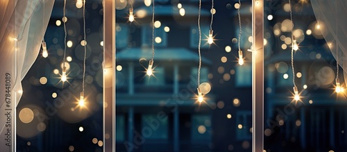 Nighttime window with twinkling fairy lights