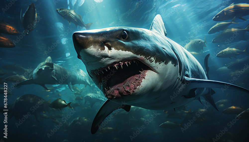 Naklejka premium Majestic underwater nature large fish swimming in blue sea generated by AI