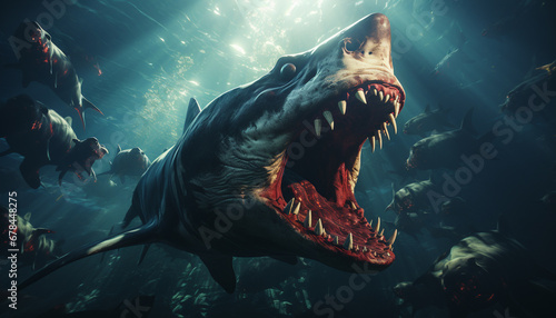Giant dinosaur roars, teeth bared, in prehistoric underwater confrontation generated by AI