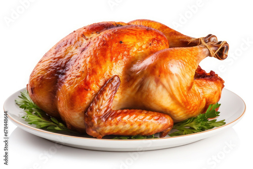 Roasted Chicken on a Plate Isolated On White Background, Generative ai