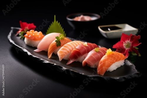 Delicious sushi and sashimi on elegant plate. Generative AI