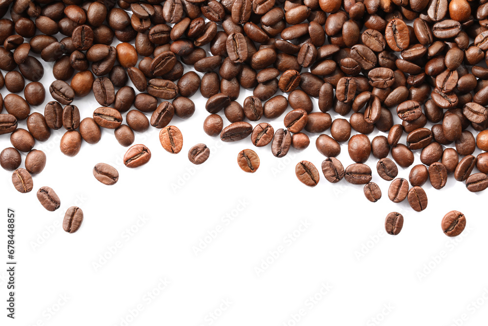 Obraz premium Many roasted coffee beans isolated on white , top view