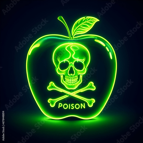 Dramatic Bright Neon Green Color Mysterious Poison Poisoned Apple with Skull and Cross Bones with Leaf for Halloween Magic Witch in Dark Black Background. Fairy Tale Fantasy Symbol Temptation Concept photo