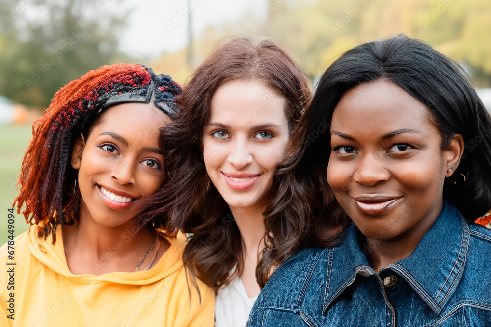 Three female friends of different nationalities hugging each other Three female friends of different nationalities hugging each other