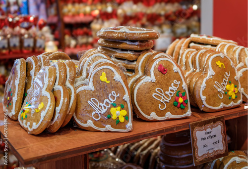 Fototapeta Naklejka Na Ścianę i Meble -  Strasbourg, France - May 31, 2023: Traditional artisanal handmade gingerbread cookies on display at a store in old town on Grande Ile, historic center