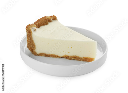 Piece of tasty vegan tofu cheesecake isolated on white