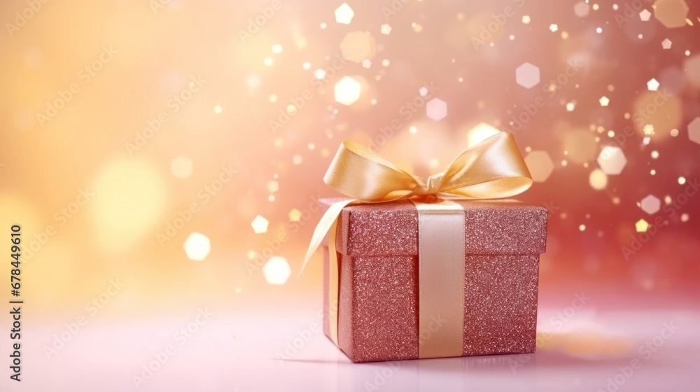 Golden gift present on a light soft pastel pink background with colorful bokeh and stars glittering Golden gift present on a light soft pastel pink background with colorful bokeh and stars glittering